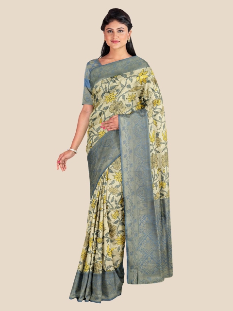 

Kalamandir Cream-Coloured & Grey Floral Zari Silk Blend Banarasi Saree