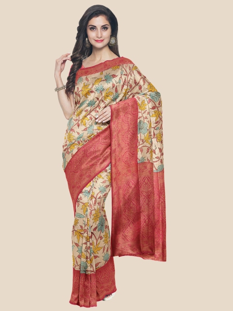 

Kalamandir Cream-Coloured, Yellow & Red Floral Silk Blend Banarasi Saree