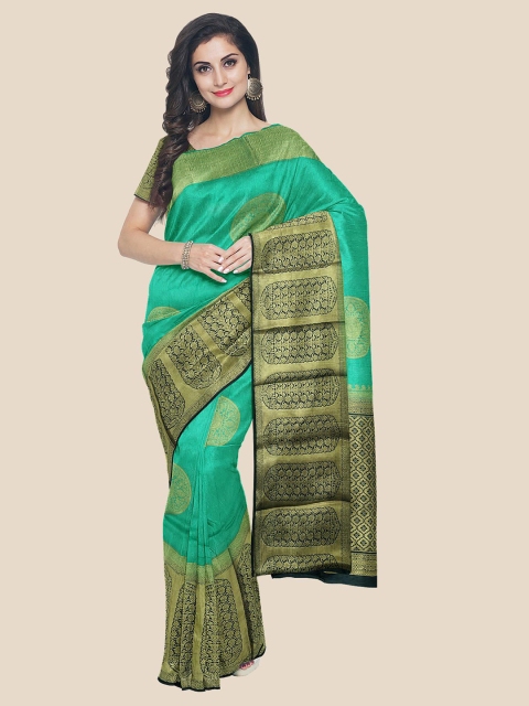 

Kalamandir Teal & Gold-Toned Woven Design Silk Blend Banarasi Saree