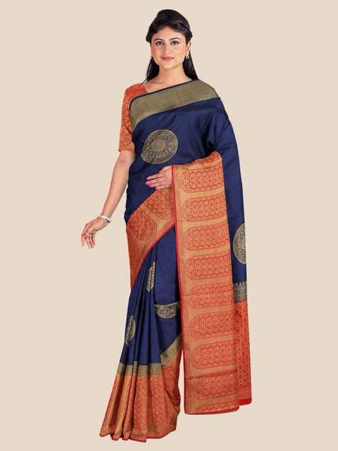 

Kalamandir Navy Blue & Red Woven Design Zari Silk Blend Banarasi Saree