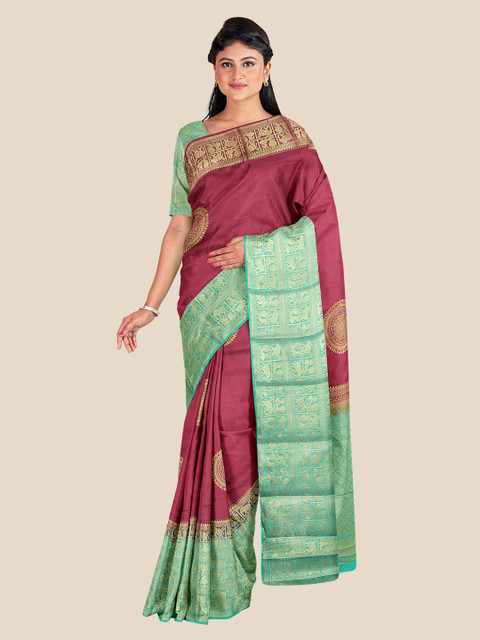 

Kalamandir Maroon & Green Woven Design Zari Silk Blend Banarasi Saree