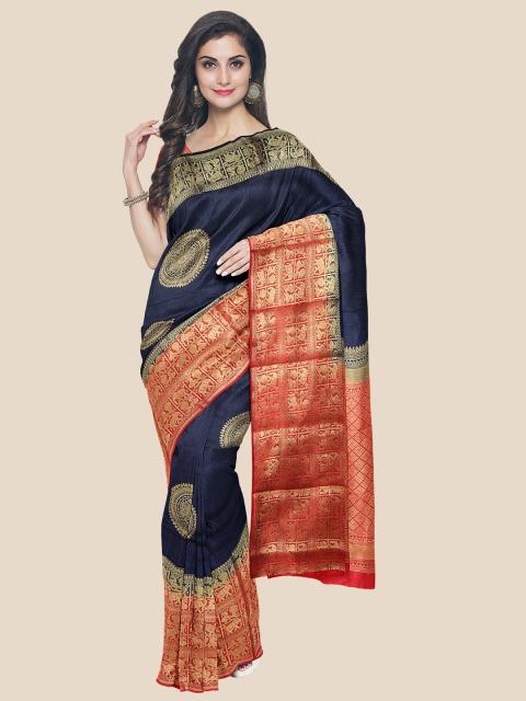 

Kalamandir Navy Blue & Red Ethnic Motifs Zari Silk Blend Banarasi Saree
