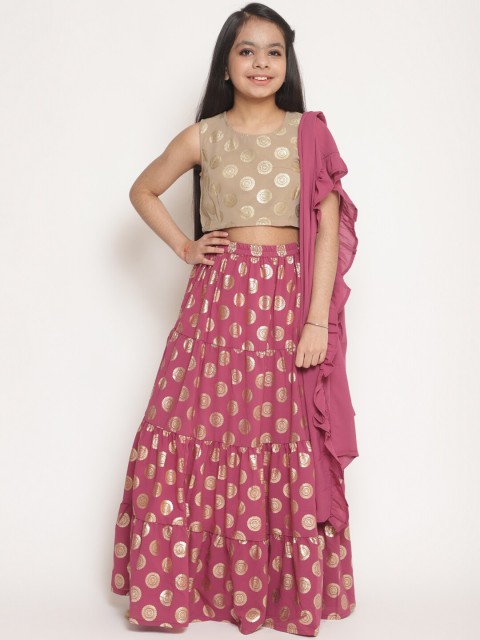

titliyan Girls Purple & Beige Foil Print Ready to Wear Lehenga & Blouse With Dupatta