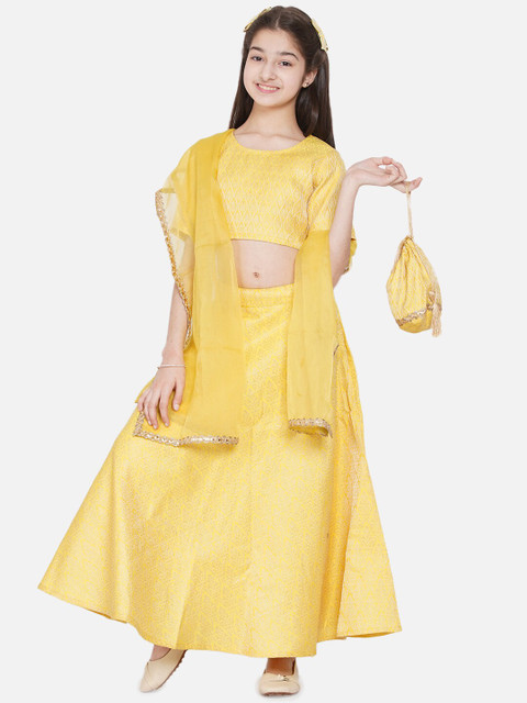

titliyan Girls Yellow Woven Design Ready to Wear Lehenga & Blouse With Dupatta