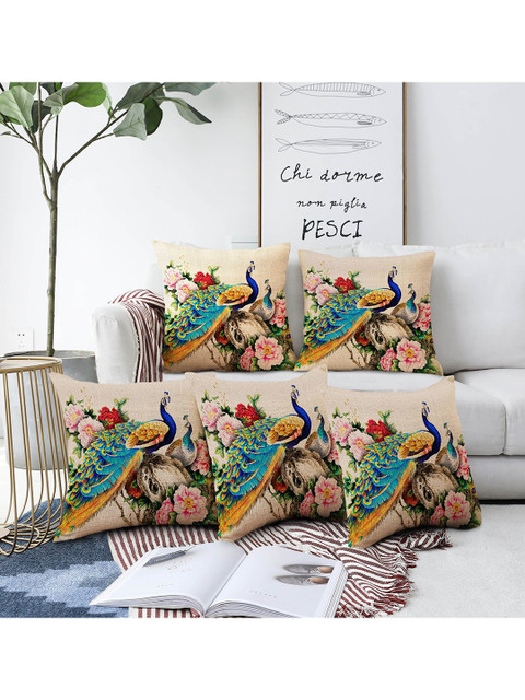 

AEROHAVEN Beige & Yellow Set of 5 Quirky Printed Square Cushion Covers