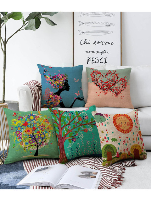 

AEROHAVEN Blue & Green Set of 5 Floral Printed Square Cushion Covers