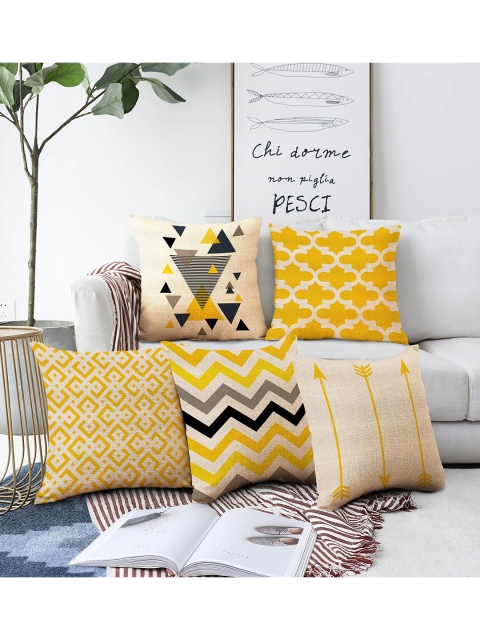 

AEROHAVEN Beige & Yellow Set of 5 Geometric Square Cushion Covers