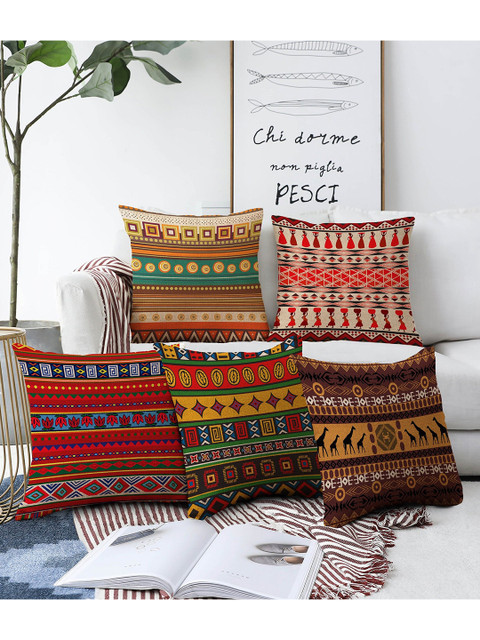 

AEROHAVEN Multicoloured Set of 5 Digital Printed Ethnic Motifs Square Cushion Covers, Multi