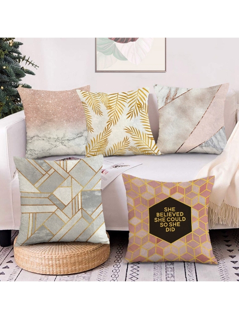 

AEROHAVEN Peach-Coloured & White Set of 5 Quirky Velvet Square Cushion Covers