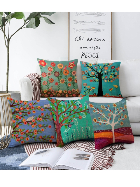 

AEROHAVEN Blue & Green Set of 5 Floral Printed Square Cushion Covers
