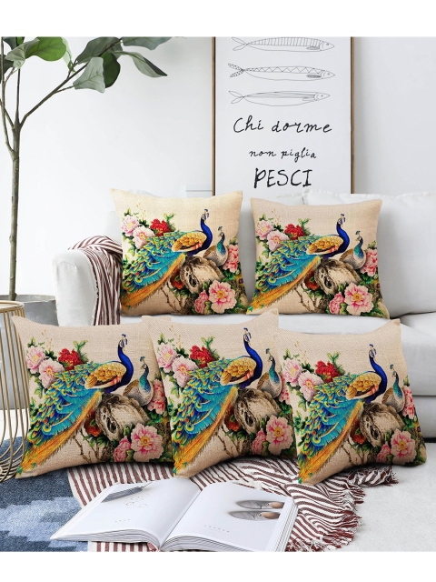 

AEROHAVEN Beige & Multicoloured Set of 5 Peacock Floral Square Cushion Covers