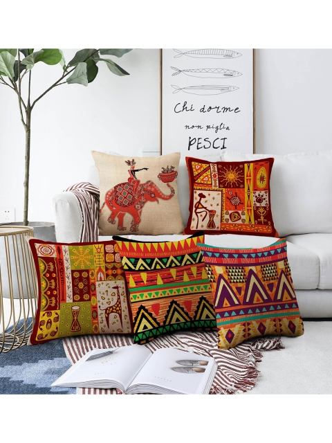 

AEROHAVEN Red & Yellow Set of 5 Ethnic Motifs Square Cushion Covers