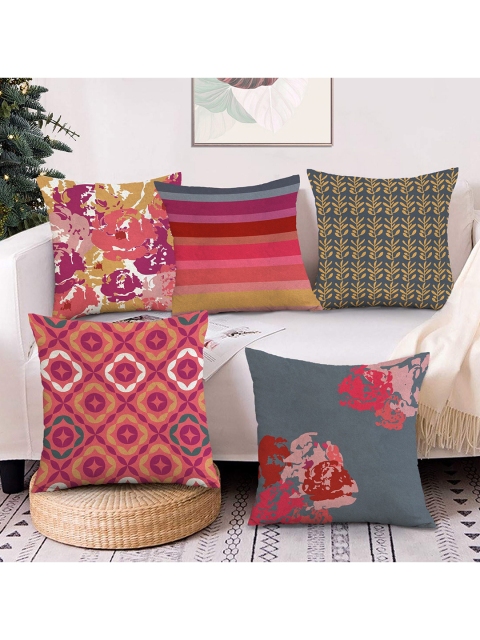 

AEROHAVEN Pink & Grey Set of 5 Quirky Printed Velvet Square Cushion Covers