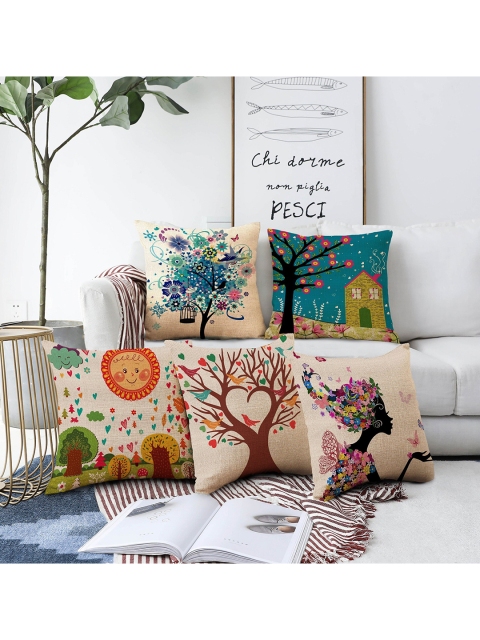 

AEROHAVEN Beige & Blue Set of 5 Floral Printed Square Cushion Covers