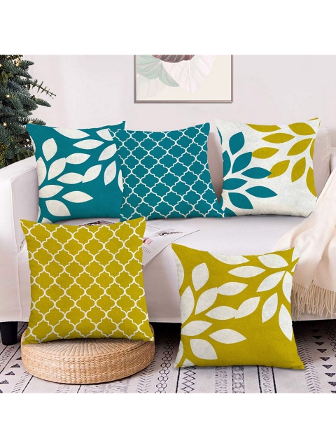 

AEROHAVEN Yellow, White & Teal Set of 5 Ethnic Motifs Velvet Square Cushion Covers