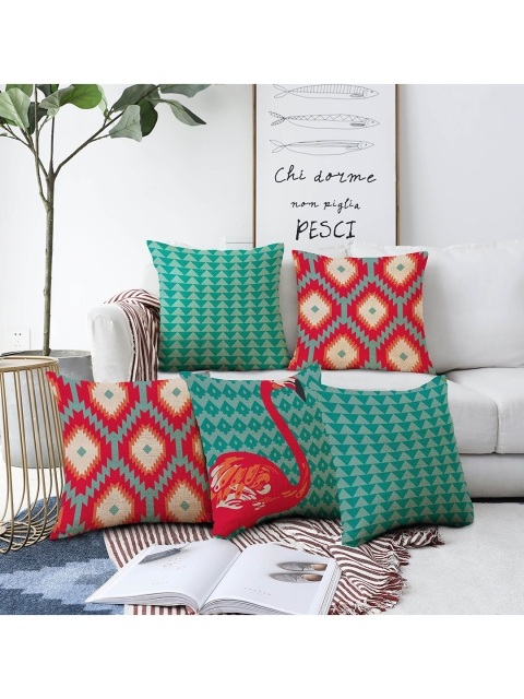 

AEROHAVEN Red & Green Set Of 5 Geometric Printed Square Cushion Covers