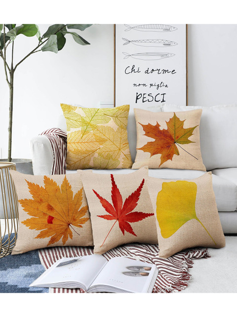 

AEROHAVEN Beige, Red & Yellow Set of 5 Digital Printed Leaf Square Cushion Covers