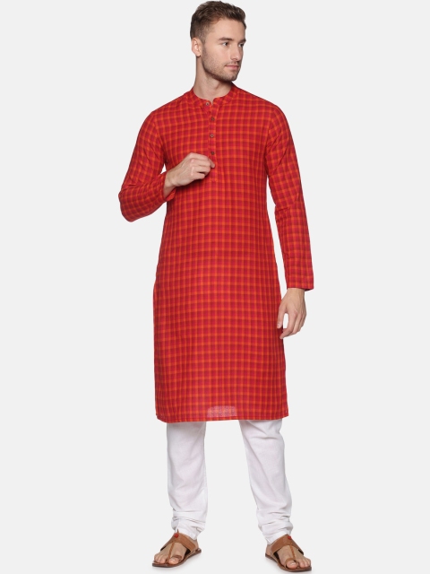 

Saffron Threads Men Red & Orange Checked Pure Cotton Kurta