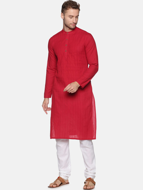 

Saffron Threads Men Maroon Pintucks Pure Cotton Kurta