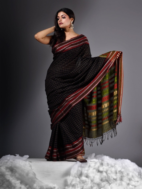 

Charukriti Black & Red Woven Design Pure Cotton Khadi Handloom Saree