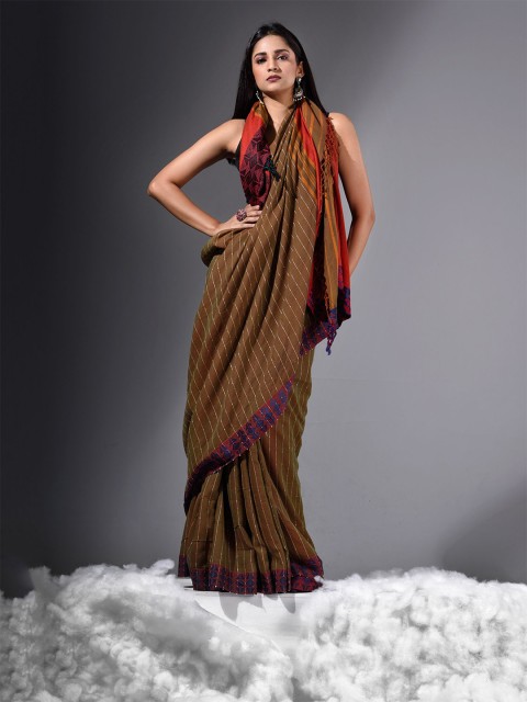 

Charukriti Brown, Red & White Striped Embellished Pure Cotton Khadi Saree