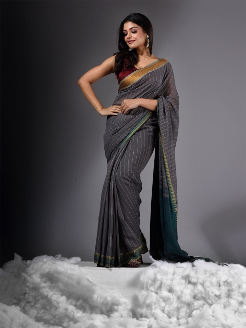 

Charukriti Grey & Silver-Toned Striped Pure Cotton Khadi Saree