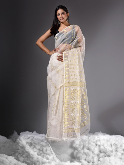 

Charukriti White & Gold-Toned Woven Design Silk Cotton Jamdani Saree