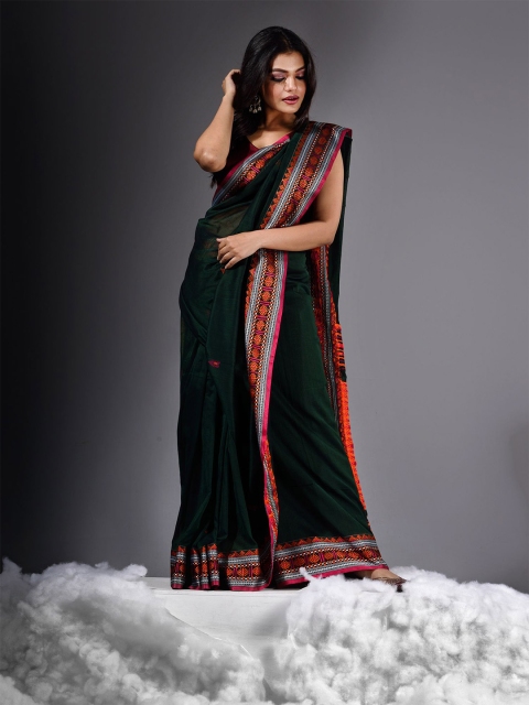 

Charukriti Green & Orange Woven Design Pure Cotton Khadi Saree