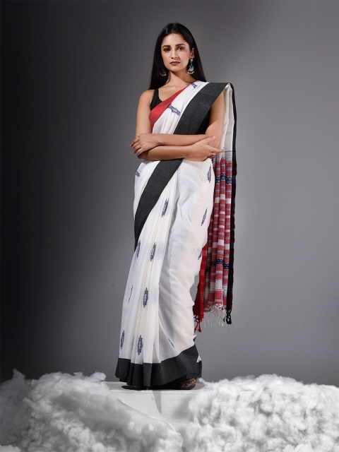 

Charukriti White & Black Woven Design Pure Cotton Khadi Saree