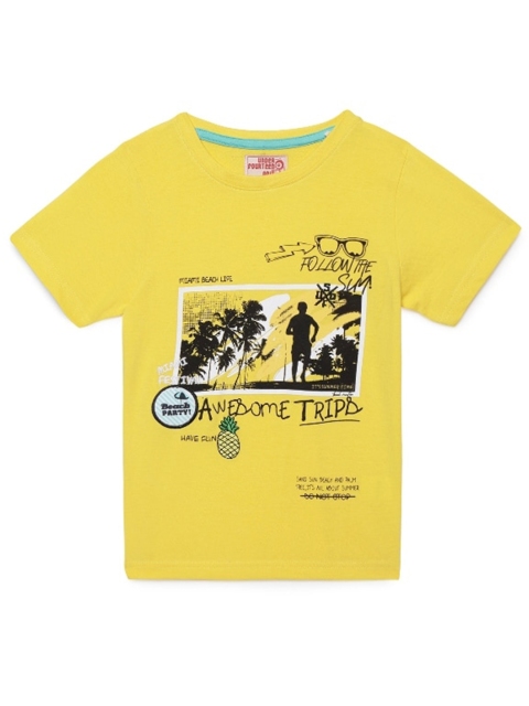 

UNDER FOURTEEN ONLY Boys Yellow & Black Printed Tropical Applique Cotton T-shirt