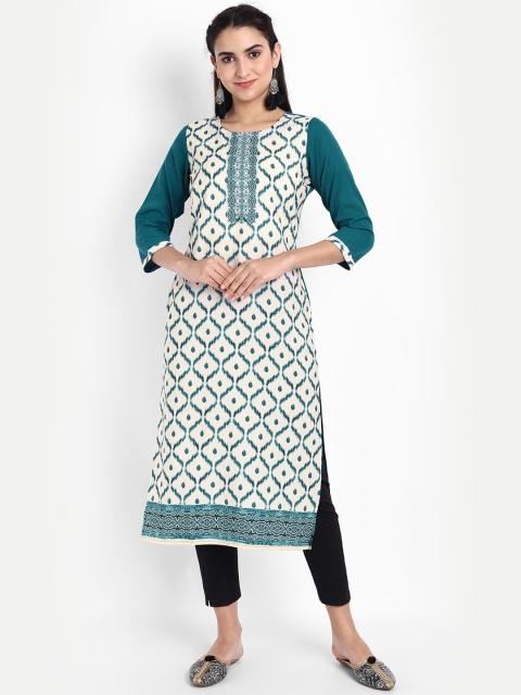 

KALINI Women Cream-Coloured & Turquoise Blue Geometric Printed Crepe Kurta