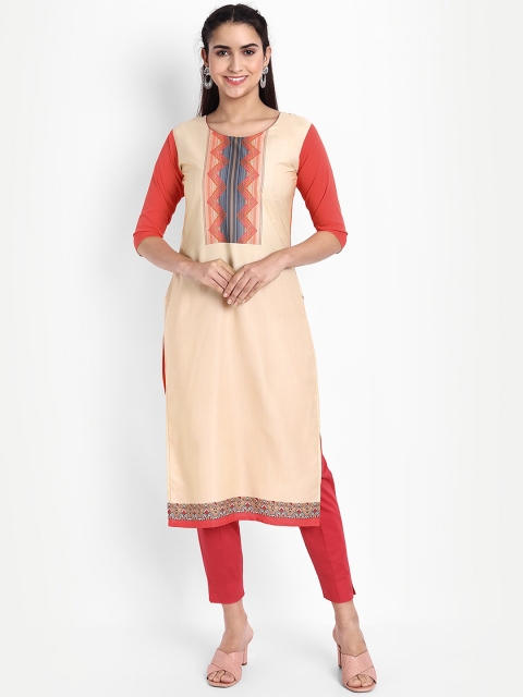 

KALINI Women Cream-Coloured & Red Geometric Yoke Design Crepe Kurta