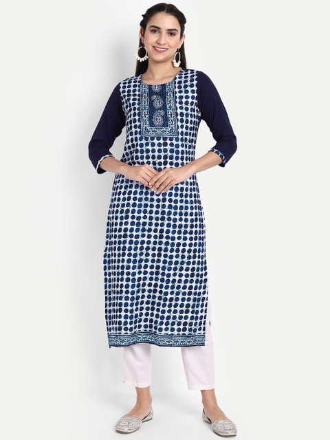 

KALINI Women Blue & White Batik Printed Crepe Kurta
