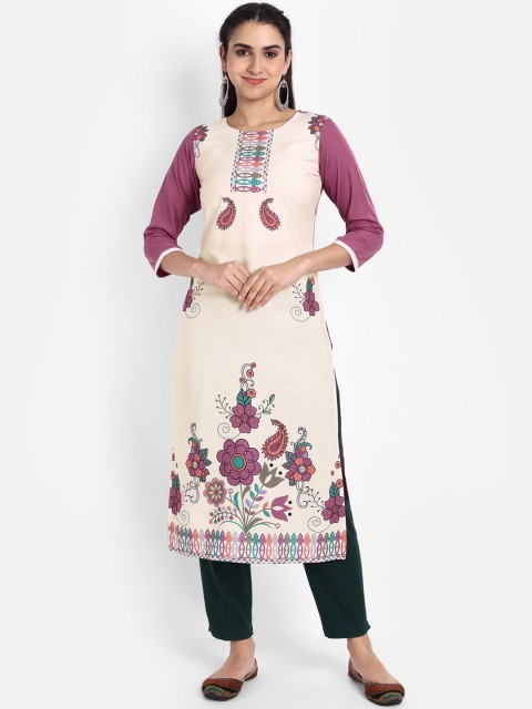 

KALINI Women Cream-Coloured & Purple Ethnic Motifs Printed Crepe Kurta