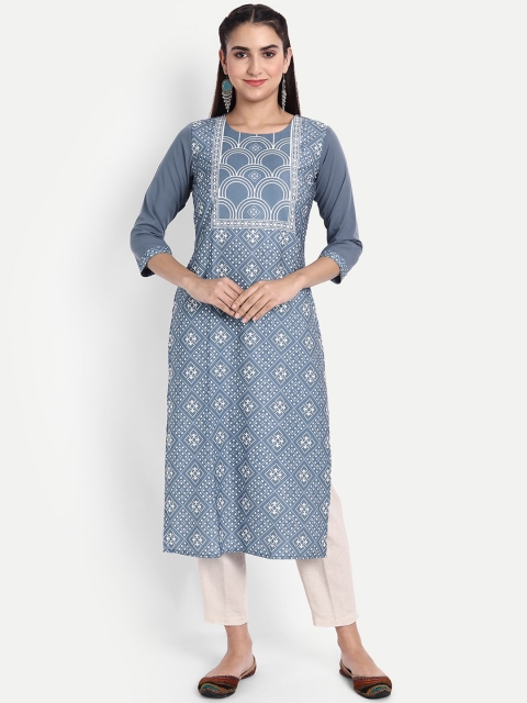 

KALINI Women Grey & White Geometric Printed Crepe Kurta