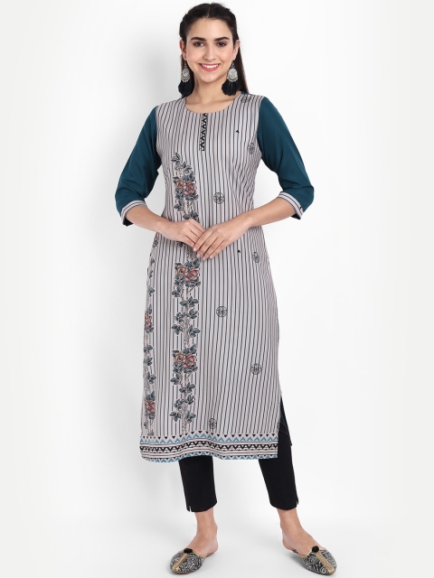 

KALINI Women Beige & Teal Blue Striped Crepe Kurta