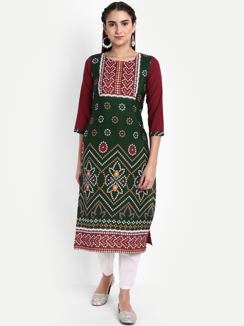 

KALINI Women Green & Maroon Bandhani Printed Crepe Kurta