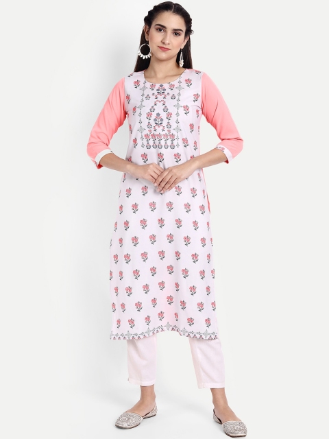 

KALINI Women Off White & Pink Printed Crepe Kurta