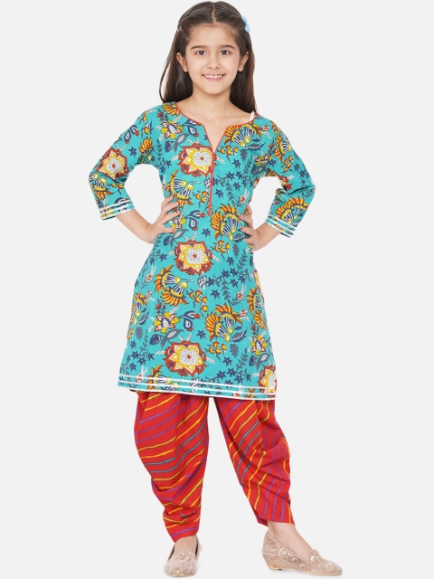 

titliyan Girls Green Floral Printed Pure Cotton Kurti with Dhoti Pants