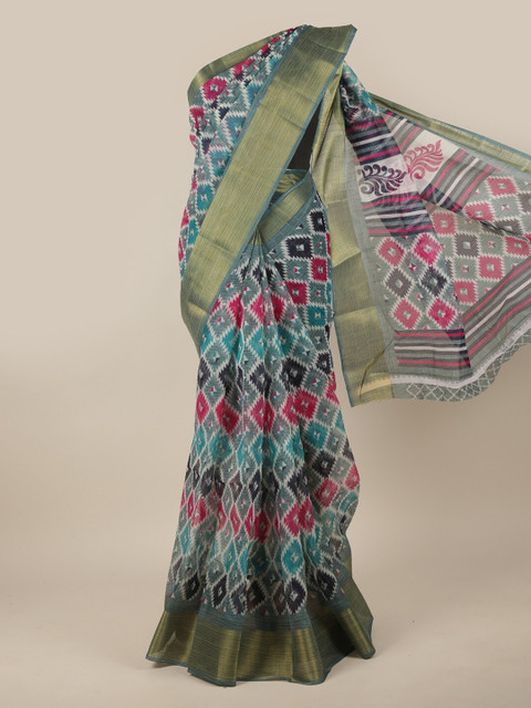

Pothys Blue & Gold-Toned Zari Geometric Printed Cotton Blend Saree