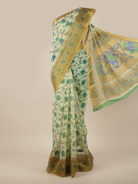 

Pothys Cream-Coloured & Blue Floral Printed Cotton Blend Saree