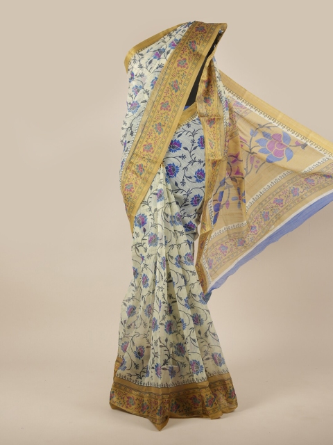 

Pothys Cream-Coloured & Blue Floral Cotton Blend Saree