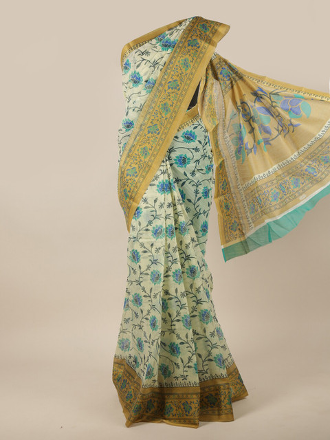 

Pothys Cream & Blue Floral Printed Cotton Blend Saree