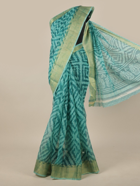 

Pothys Green & White Geometric Printed Cotton Blend Zari Saree