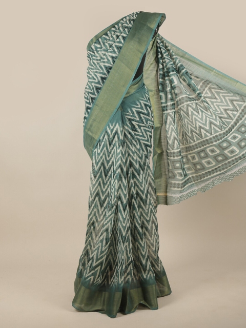 

Pothys Green & Off White Geometric Printed Cotton Blend Zari Saree