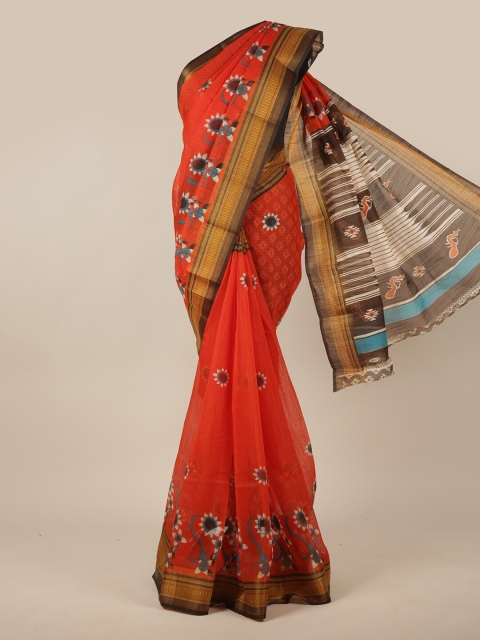 

Pothys Orange & Gold-Toned Floral Zari Cotton Blend Saree