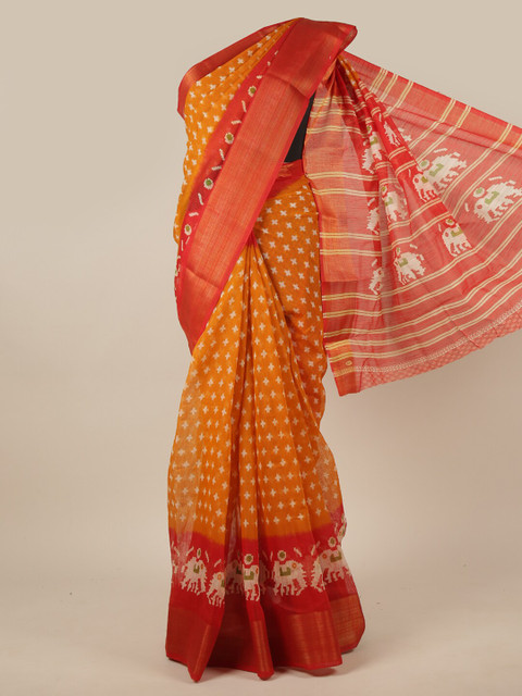 

Pothys Mustard & Red Geometric Printed Cotton Blend Saree