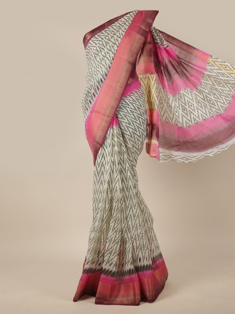 

Pothys Cream-Coloured & Green Geometric Printed Cotton Blend Zari Saree