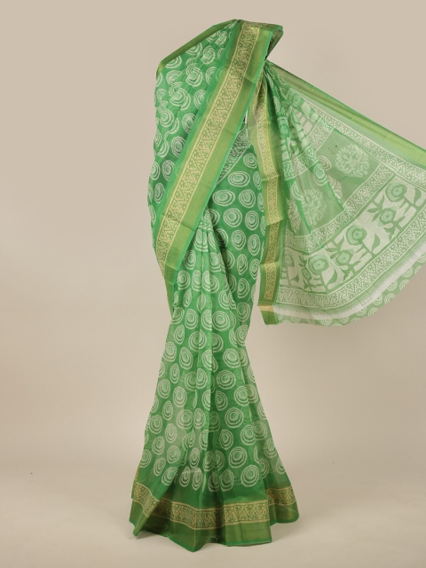 

Pothys Green & White Zari Cotton Blend Saree