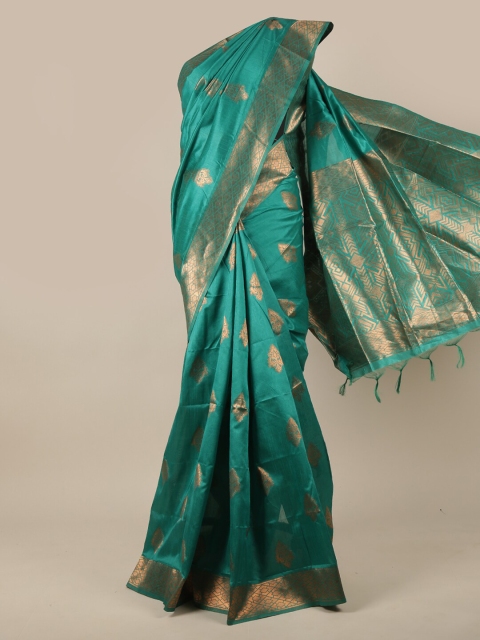 

Pothys Green & Gold-Toned Ethnic Motifs Woven Design Jute Silk Saree